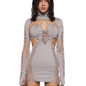 NWT XS S CROSSFADE SHREDDED DRESS WITH SHRUG ECRU grey cut out goth DARKER WAVS